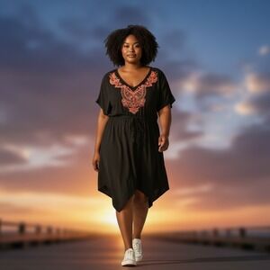 Kenneth Cole Women's XL Shark Bite Hem Black V-neck Embroidered Dress Swim Cover